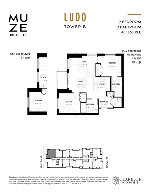 Floor plan for 2 beds, 2 baths, 911 sqft